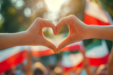 Close-up of a heart symbol made with hands against a sunlit background of vibrant parade flags, conveying a message of love and national pride © Darya