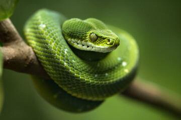 Fototapeta premium A tranquil green python lies curled on a branch, its intricate scales and calm gaze captured in a serene close-up.