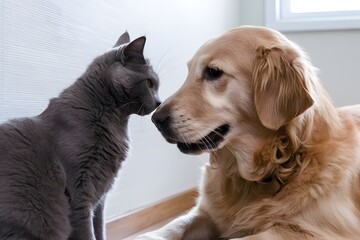 Gray cat and golden retriever bond in tender moment against light wall and window backdrop