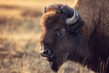 Obraz premium Close-up of a bison with a gentle gaze, its face illuminated by the warm glow of the setting sun in the tranquil plains.