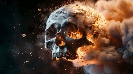 Violent,Explosive Skull Fracturing against Apocalyptic Fiery Backdrop - obrazy, fototapety, plakaty