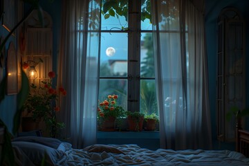 Summer night in the bedroom, interior with a window on a summer night