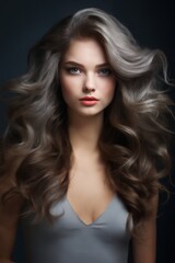 Fototapeta premium portrait of a young beautiful woman with long curly hair, close-up face, on a dark background, studio beauty photo, style and fashion