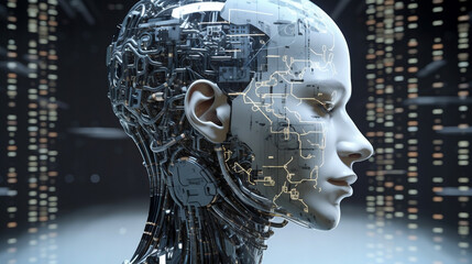 human head cyborg with closed eyes robot