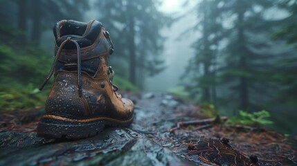 Exploring the Wilderness: Hiking Boots on Misty Trail, generative ai