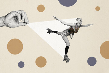 Composite photo collage of happy girl ride rollers skate listen headphones music hobby hand light...