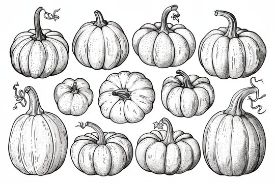 Set pumpkins outline, ink sketches on white background