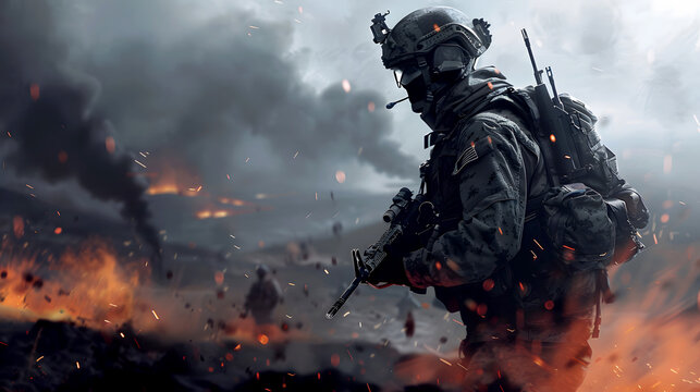 An army is standing on the battlefield with weapons in hand. Soldier in combat gear amidst explosion debris on battlefield, Military action and bravery. battlefield, military, war, conflict, soldier