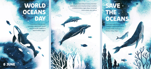 Set watercolor vector templates with killer whale, humpback, dolphins, fish, seaweed. World oceans day. Save the oceans. Sea animals. Silhouette of a big whales. Illustrations with underwater nature