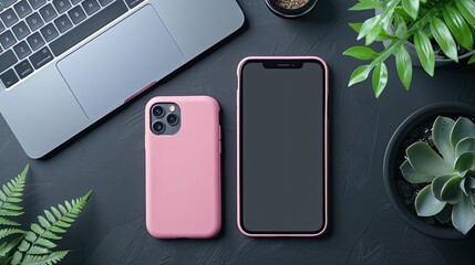Black smartphone with pink case on a minimalist desk setup