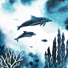 Vector silhouette of a dolphins, fish and sea plants under the sea. Watercolor illustration with underwater nature and marine wildlife isolated background