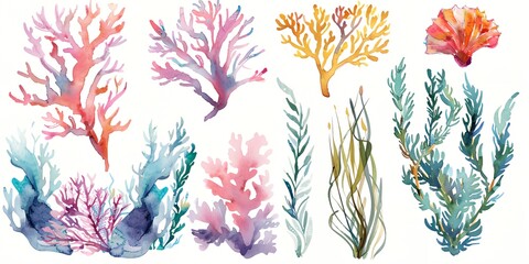 Watercolor corals and seaweed set, collection sea themed clip art