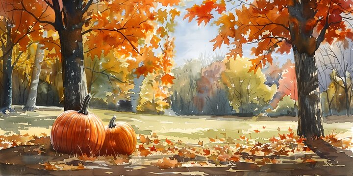 Autumn pumpkins watercolor, fall background