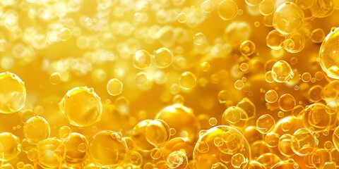 Yellow golden oil or serum, abstract bubbles and drops background