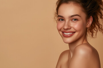 Obraz premium A young woman with curly hair and a beaming smile exudes warmth and happiness against a beige background, embodying youthful vitality and positive energy.