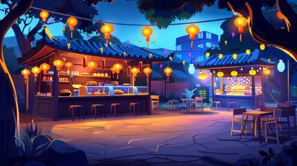 Cartoon illustration of food and drink stands in a night park with chairs and tables, garland lights, and burger stand.