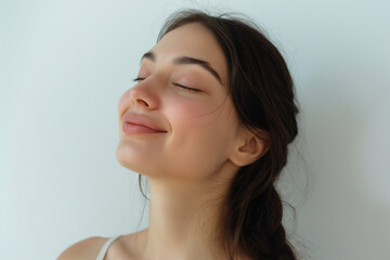Fototapeta premium A person revels in a moment of tranquility, eyes closed, with a serene smile, conveying a sense of peace and contentment against a crisp white background.