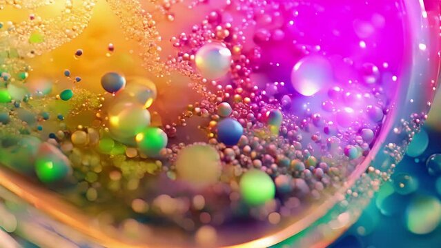 A closeup of a petri dish filled with a rainbow of hues as different microorganisms grow and multiply. This is a visual representation of the intricate ecosystem created during the .