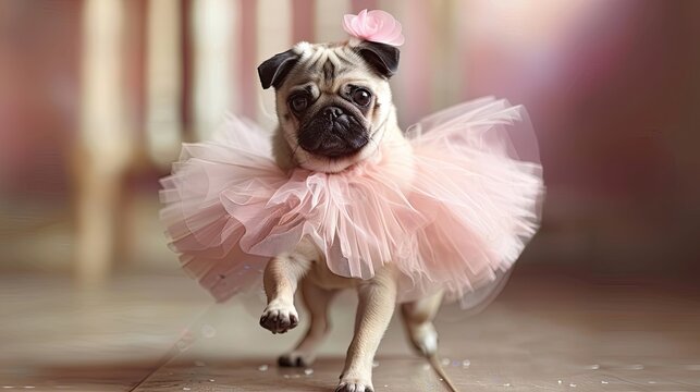 Pug in a ballet tutu performing a dance move