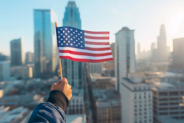 Naklejka premium Hand proudly holds the American flag against a sunrise city skyline, conveying a message of patriotism and hope in an urban setting.