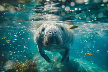 An enchanting manatee gently glides underwater, surrounded by sunlit water and small fish, presenting a serene glimpse of aquatic life in its natural habitat. - obrazy, fototapety, plakaty
