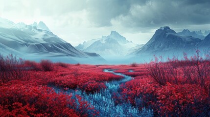 Surreal landscape with red vegetation and blue soil