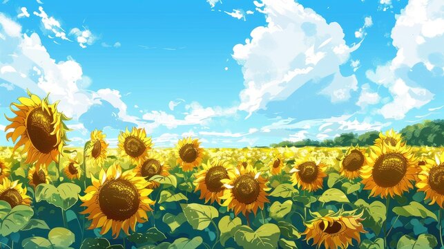 Stylized vector illustration of sunflowers under a sunny sky