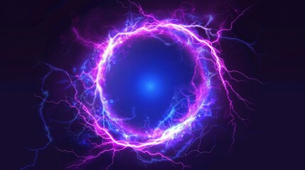 An electric circle bolt lightning explosion. Magic thunder power in a blue and purple palette. Fantasy pain shock 3D discharge. Neon glowing laser electrical bursts.