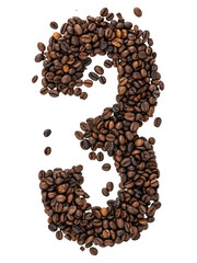 Number 3 made from roasted coffee beans on white isolated background.