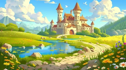 Rolgordijnen Fantasy fairytale medieval house cartoon background. Magic princess palace near lake modern landscape illustration. Italian kingdom building on island in summer. Nenuphar in swamp. © Mark