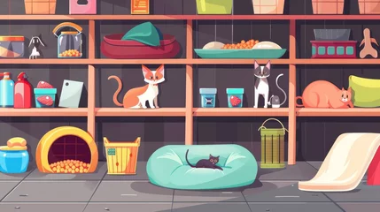 Fototapete Modern illustration showing an interior of a pet store. Dog or cat food on a shelf, a counter, bed, bowl and scratching toy inside the store. Collars and mice are available for purchase. © Mark