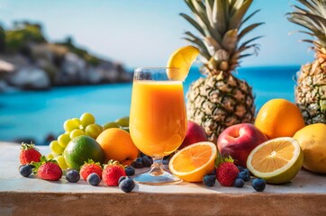 verre de jus de fruits frais,  ambiance vacances bord de mer