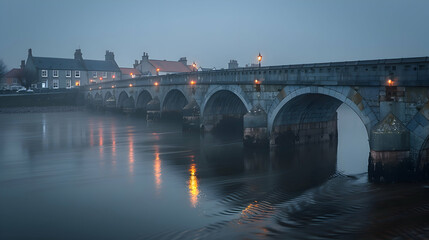 Fototapeta premium A bridge over a river at twilight, using long exposure to smooth the water and capture the reflections of the lights on the bridge