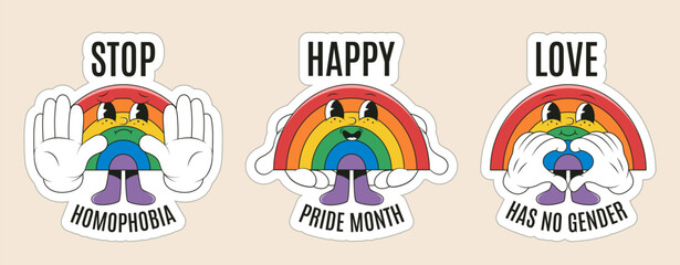 Pride month slogan and phrases sticker pack in groovy retro style