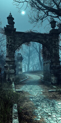 Old gothic gate amidst a mist-covered forest. World goth day. - 791864727