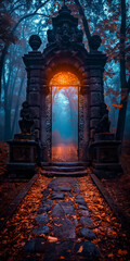 Old gothic gate amidst a mist-covered forest. World goth day.