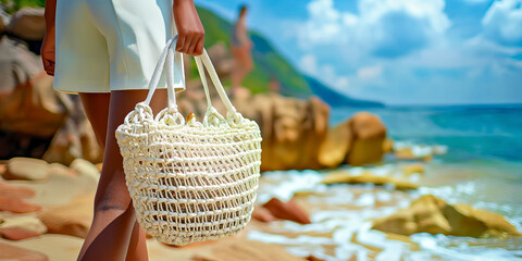 Close-up of a woman holding elegant white macrame handbag on a sunny beach. Summer fashion and leisure - 791864750