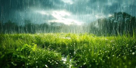 Summer Rain Shower on Fresh Green Meadow, dramatic sky - 791864763