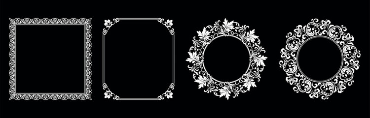 Set of decorative frames Elegant vector element for design in Eastern style, place for text. Floral black and white borders. Lace illustration for invitations and greeting cards. - 791864787