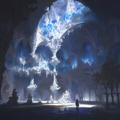 Mystical Gothic Cathedral Atmosphere: A Hauntingly Beautiful Labyrinth Designed Entirely with Crystalline Structures - Extended Title - obrazy, fototapety, plakaty