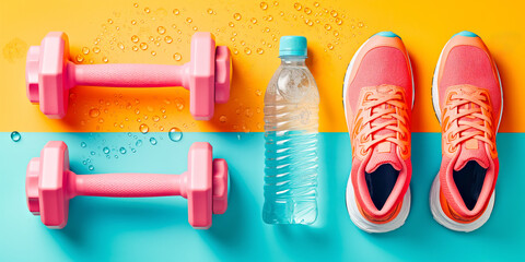 Top view of vibrant pink running shoes, dumbbells, and a bottle of water on a dual-tone background, capturing the essentials for an active lifestyle