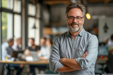 Obraz premium Confident and stylish middle-aged man with a modern haircut and beard, arms folded, stands in a trendy co-working space.