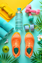 Flat lay composition with colorful fitness equipment, including shoes, water bottle, and fruits, neatly organized on a pastel backdrop - 791864969