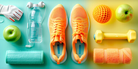 Flat lay composition with colorful fitness equipment, including shoes, water bottle, and fruits, neatly organized on a pastel backdrop