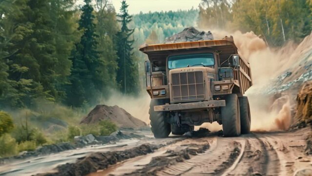 Mining truck is working hard on the mine road,big yellow mining truck