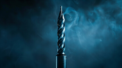 A metal drilling object with a pointed tip is shown against a dark background. drilling bit tool with smoke on dark background.