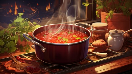 A pot of chili simmers on a stove in a cozy kitchen