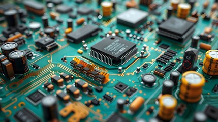 a composition of small circuits, PCB, microcontroller, and components on a gradient green background, captured in realistic full ultra HD resolution