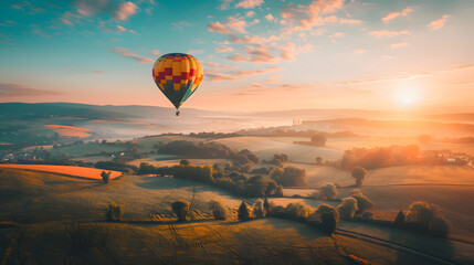 Colorful hot air balloons drift across a sky ablaze with sunrise or sunset hues, landscape nature at countryside.