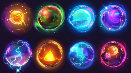 Game assets with fantasy glowing orbs with magic powers. Set of realistic modern illustrations of colorful luminous balls of witches and wizards. Energy glass globe with shining plasma with neon - obrazy, fototapety, plakaty
